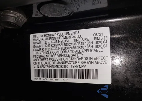 2021 Honda Pilot Awd Ex-L из США, поврежденный, VIN 5FNYF6H58MB092860